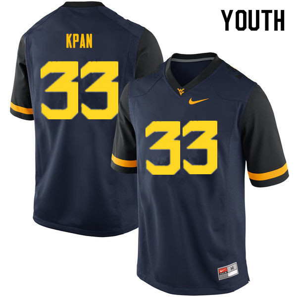Youth #33 T.J. Kpan West Virginia Mountaineers College Football Jerseys Sale-Navy